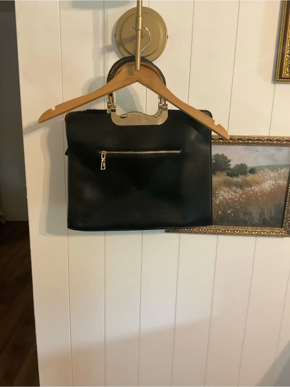Black Leather Tote with Red Rose Embroidery